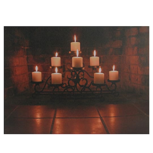 LED Flickering Candles In Fireplace Canvas Wall Art